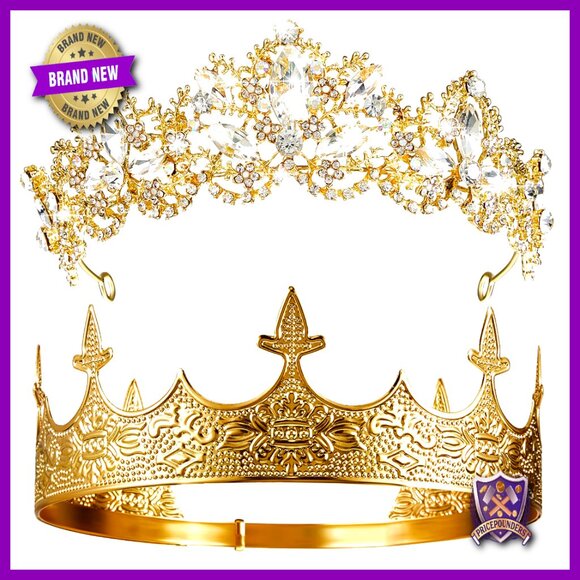 King Queen Crown Set Rhinestone Tiara Prom Wedding Birthday Hair Accessories